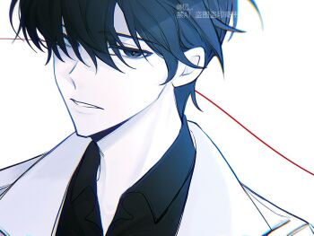 1boy bags_under_eyes black_eyes black_hair black_shirt close-up coat cowboy_shot head_tilt highres kim_dokja looking_at_viewer male_focus muzililsp omniscient_reader&#039;s_viewpoint open_clothes parted_lips popped_collar portrait shirt short_hair solo string string_of_fate white_coat