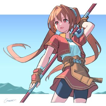 1girl antenna_hair armor bike_shorts bike_shorts_under_skirt blue_sky bo_staff border brown_gloves cropped_jacket double-parted_bangs eiyuu_densetsu estelle_bright fingerless_gloves floating_hair gloves hair_between_eyes hair_intakes highres holding holding_weapon mountainous_horizon otomica pauldrons red_eyes short_sleeves shorts shorts_under_skirt shoulder_armor signature single_pauldron skirt sky solo sora_no_kiseki staff twintails weapon white_border