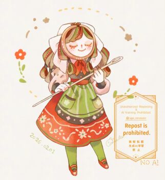 1girl apron blush closed_eyes closed_mouth commentary_request dated dress full_body green_apron green_hair green_pantyhose grey_hair holding holding_needle juliet_sleeves long_hair long_sleeves mochimura_sorata multicolored_hair needle original pantyhose puffy_sleeves red_dress red_hair red_shoes shoes signature simple_background smile solo standing twitter_username waist_apron watermark white_background