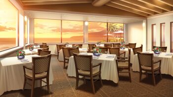 chair cutlery dining_room glowing highres horizon indoors mountainous_horizon no_humans non-web_source ocean official_art orange_light our_life our_life:_beginnings_and_always palm_tree plant plate potted_plant restaurant scenery sunset table tile_floor tiles tree umbrella variant_set wall_lamp window window_light wooden_chair