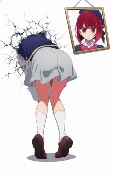 1girl absurdres arima_kana artist_request ass ass_focus blazer blue_jacket blush bobby_socks bow brown_shoes closed_mouth collared_shirt dot_nose female_focus full_body grey_skirt highres imminent_anal imminent_fellatio imminent_gangbang imminent_penetration imminent_rape jacket legs long_sleeves looking_at_viewer medium_hair miniskirt oshi_no_ko pedophile photo_(object) pink_bow red_eyes red_hair school_uniform sexually_suggestive shadow shirt shoes simple_background skirt socks solo solo_focus thighs through_wall white_background white_shirt white_socks youtou_high_school_uniform