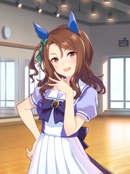 1girl absurdres analog_clock animal_ears aqua_bow artist_request back_bow bare_arms blue_bow blue_bowtie blue_shirt bow bowtie breasts brooch brown_hair ceiling_light clock cowboy_shot dance_studio day fingernails full-length_mirror game_cg hair_between_eyes hair_bow hand_on_own_hip happy high-waist_skirt highres horse_ears horse_girl horse_tail horseshoe_ornament indoors jewelry king_halo_(umamusume) large_breasts long_hair miniskirt mirror official_art one_side_up pleated_skirt puffy_short_sleeves puffy_sleeves red_eyes sailor_collar school_uniform shirt short_sleeves sidelocks skirt solo speaker standing tail tracen_school_uniform tsurime two-tone_shirt umamusume wavy_hair white_sailor_collar white_shirt white_skirt window wooden_floor