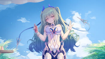 1girl absurdres bare_shoulders blue_sky breasts caisena casual_one-piece_swimsuit chinese_commentary cleavage closed_mouth cloud cloudy_sky commentary_request earrings green_eyes green_hair half-closed_eyes highres honkai_(series) honkai_impact_3rd jewelry long_hair looking_at_viewer mobius_(daughter_of_corals)_(honkai_impact) mobius_(honkai_impact) one-piece_swimsuit outdoors palm_leaf palm_tree single_earring sky smile solo swimsuit tree twintails wavy_hair