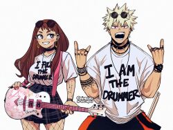1boy 1girl bakugou_katsuki blonde_hair boku_no_hero_academia breasts brown_eyes brown_hair choker collar dimples ear_piercing earrings fishnets guitar instrument jewelry large_breasts long_hair necklace niverins piercing ring skirt spiked_collar spiked_hair spikes sunglasses_on_head uraraka_ochako watch white_background wristband wristwatch