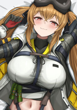 1girl :3 absurdres black_gloves black_jacket black_ribbon blush breasts chest_harness crop_top flashbang girls'_frontline girls'_frontline_2:_exilium gloves hair_ribbon harness head-mounted_display highres jacket large_breasts lenna_(girls'_frontline_2) long_hair long_sleeves lying midriff multicolored_gloves navel on_back orange_hair red_eyes red_gloves ribbon shirt smile solo twintails two-tone_gloves ump9_(girls'_frontline) upper_body white_shirt zion_rss