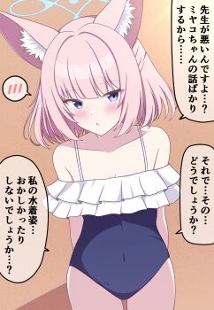 1girl absurdres animal_ear_fluff animal_ears arms_behind_back bare_shoulders beach blue_archive blue_eyes blue_halo blue_one-piece_swimsuit blunt_bangs blush breasts casual_one-piece_swimsuit chestnut_mouth collarbone commentary_request cosplay covered_navel cowboy_shot day fox_ears fox_girl frilled_one-piece_swimsuit frills half_updo halo highres looking_at_viewer magaasha medium_breasts miyako_(blue_archive) miyako_(blue_archive)_(cosplay) miyako_(swimsuit)_(blue_archive) niko_(blue_archive) off-shoulder_one-piece_swimsuit off_shoulder one-piece_swimsuit open_mouth outdoors pink_hair shadow solo speech_bubble spoken_blush straight_hair swimsuit translation_request tsurime
