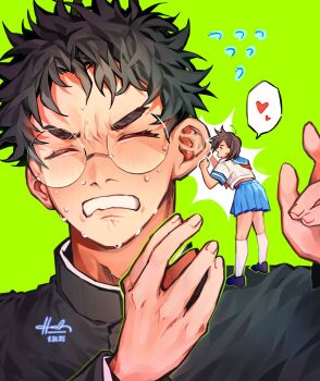 1boy 1girl ayase_momo black_hair black_jacket blue_sailor_collar blue_skirt blush brown_hair closed_eyes couple dandadan flying_sweatdrops full_body gakuran glasses green_background hanmdin hashtag-only_commentary heart hetero highres jacket kami_high_school_uniform mini_person minigirl miniskirt nervous_sweating official_alternate_costume on_shoulder parted_lips pleated_skirt round_eyewear sailor_collar school_uniform serafuku short_hair signature size_difference skirt socks spoken_heart standing sweat takakura_ken_(dandadan) upper_body whispering_in_ear white_serafuku white_socks