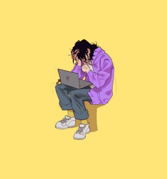 1girl absurdres black_hair candy chewing computer denim flash_drive food full_body han_sooyoung hand_on_own_head head_down highres holding holding_candy holding_food holding_lollipop hood hood_down hoodie invisible_chair jeans laptop lollipop lp_(sangkuranak) object_on_lap omniscient_reader's_viewpoint pants purple_hoodie short_hair simple_background sitting solo stress sweatdrop yellow_background