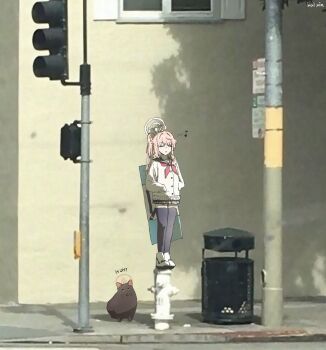 1girl absurdres animalization black_cat black_sailor_collar black_skirt black_thighhighs blue_archive boots cardigan cat commentary fire_hydrant grey_cardigan halo hands_in_pockets highres huh?_cat_(meme) kai_xin kazusa_(blue_archive) long_hair looking_at_viewer meme natsu_(blue_archive) necktie outdoors pink_hair pink_halo pleated_skirt red_necktie sailor_collar side_ponytail skirt standing_on_object thighhighs white_boots zettai_ryouiki