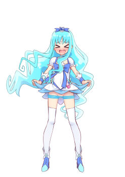 &gt;_&lt; 1girl ankle_boots bike_shorts blue_boots blue_bow blue_dress blue_hair blue_shorts blush boots bow bowtie brooch cleft_of_venus closed_eyes clothes_lift clothes_pull commentary cure_marine dress dress_lift facing_viewer frown full_body hair_bow heart heart_brooch heartcatch_precure! highres jewelry kurumi_erika lifting_own_clothes long_hair magical_girl no_panties open_mouth pouch precure pussy short_dress short_sleeves shorts shorts_pull shorts_under_dress simple_background solo sweatdrop tenjou_ryuka thighhighs two-tone_dress very_long_hair white_background white_dress white_thighhighs wrist_cuffs
