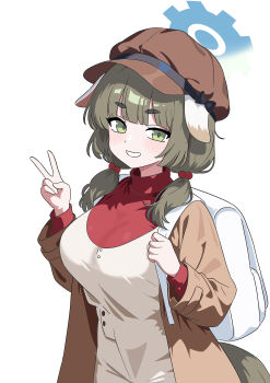 1girl absurdres backpack bag blue_archive blue_halo breasts brown_coat brown_hat coat commentary gear_halo green_eyes green_hair grin gubee halo hand_up hat highres large_breasts long_sleeves looking_at_viewer low_twintails newsboy_cap open_clothes open_coat red_shirt shirt simple_background smile solo traditional_media twintails v white_background white_bag yakumo_(blue_archive)