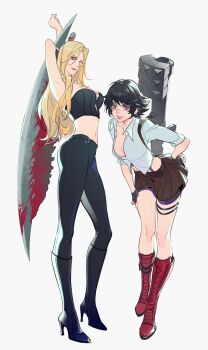 2girls absurdres arm_behind_head arms_up black_boots black_gloves black_hair black_pants blonde_hair blue_eyes boots breasts brown_skirt chinese_commentary commentary_request couple crop_top devil_may_cry_(series) fingerless_gloves full_body gloves grey_background hair_between_eyes hand_on_own_hip heterochromia high_heel_boots high_heels highres knee_boots lady_(devil_may_cry) large_breasts leaning_forward long_hair looking_at_viewer midriff multiple_girls navel one_eye_closed pants parted_lips red_boots red_eyes rocket_launcher scar scar_on_face scar_on_nose shirt short_hair simple_background skirt smile sparda_(sword) strapless sword thigh_strap trish_(devil_may_cry) tube_top warsong_zhange weapon white_shirt yuri