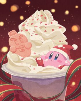 blush_stickers chilly_(kirby) closed_mouth commentary_request cup food fruit hat highres ice_cream in_food kirby kirby_(series) miclot nintendo no_humans red_background red_hat santa_hat strawberry