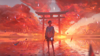 1boy absurdres aqua_hair artist_name barefoot bird black_shorts blurry blurry_foreground camera cloud cloudy_sky collarbone commentary english_commentary frown full_body grey_sweater highres holding holding_camera holding_photo in_water lips long_sleeves looking_to_the_side looking_up male_focus nose ocean orange_sky original outdoors paul_nong photo_(object) short_hair shorts signature sky solo standing sunlight sweater too_many too_many_birds torii