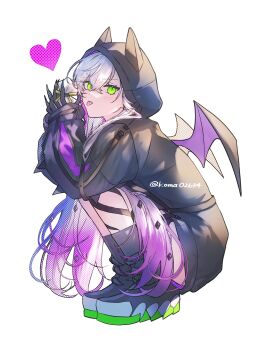 Rule 34 | 1girl, bat wings, black shoes, commentary request, fate/grand order, fate (series), gradient hair, green eyes, heart, highres, hood, hood up, koma02634, lilith (fate), lilith (first ascension) (fate), long hair, looking at viewer, multicolored hair, shoes, solo, squatting, tongue, tongue out, twintails, twitter username, white hair, wings