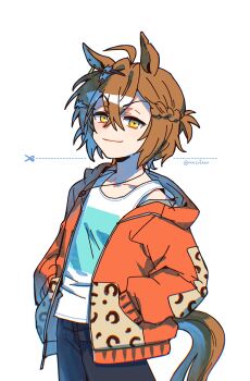 Rule 34 | 1girl, ahoge, alternate hair length, alternate hairstyle, animal ears, black pants, braid, brown hair, casual, closed mouth, commentary request, cowboy shot, crossed bangs, earrings, hair between eyes, hair ornament, hairclip, half up braid, half up half down braid, hands in pockets, highres, hood, hood down, hooded jacket, horse ears, horse girl, horse tail, jacket, jewelry, jungle pocket (casual) (umamusume), jungle pocket (umamusume), korean commentary, long sleeves, looking at viewer, mazu1kan, necklace, notched ear, orange jacket, pants, pocket, print tank top, ring, ring necklace, shirt, short hair, simple background, smile, solo, tail, tank top, twitter username, umamusume, v-shaped eyebrows, white background, white tank top, yellow eyes