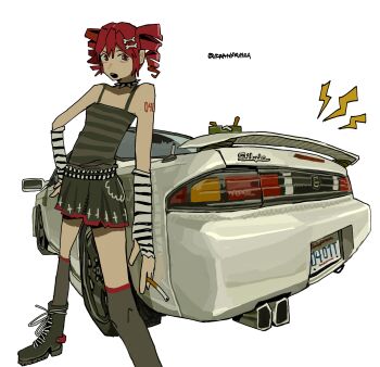 1girl absurdres belt bike_shorts bike_shorts_under_skirt bone_hair_ornament boots camisole car cigarette collar commentary commission drill_hair english_commentary fingerless_gloves frankkun gloves hair_ornament hand_on_own_hip highres holding holding_cigarette kasane_teto kneehighs lace-up_boots lightning_bolt_symbol looking_to_the_side motor_vehicle nissan_silvia nissan_silvia_s14 open_mouth pleated_skirt red_eyes red_hair second-party_source skirt socks solo spiked_collar spikes striped_camisole striped_clothes striped_gloves twin_drills utau