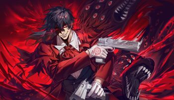 1boy alucard_(hellsing) baskerville_(hellsing) black_hair casull_(hellsing) coat eldritch_abomination erling1123004 extra_teeth gloves gun hair_over_one_eye hellsing highres holding holding_weapon jackal_(hellsing) long_fangs long_hair looking_at_viewer male_focus monster necktie overcoat pentagram red_eyes smile teeth too_many_eyes vampire weapon white_gloves