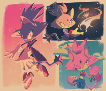 1girl animal_ears blaze_the_cat blue_pants cat_ears cat_girl cat_tail chaoslose cloud crop_top fire forehead_jewel fur-trimmed_gloves fur_trim furry furry_female gloves highres jacket jewelry midriff pants ponytail purple_jacket pyrokinesis sonic_(series) sweat tail white_gloves yellow_eyes