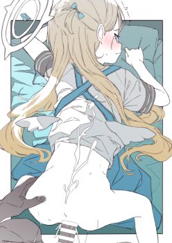 1boy 1girl all_fours angel's_24_uniform_(blue_archive) anus apron ass bar_censor blonde_hair blue_apron blue_archive blue_eyes blush bottomless censored closed_mouth clothed_sex crying cum cum_on_ass cum_on_back cum_on_body doggystyle hair_ornament halo hetero highres loli long_hair mini_wings osanai_sanday penis pov sex sex_from_behind shirt short_sleeves solo_focus sora_(blue_archive) vaginal white_shirt wings