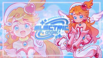 1girl artist_self-insert blue_eyes breasts cleavage commentary cyber_fashion detached_sleeves dress english_commentary hair_ornament heart heart_hair_ornament highres indie_virtual_youtuber jewelry leg_warmers long_hair looking_at_viewer marikyuunn marikyuunn_(vtuber) marikyuunn_(cyber_cupid)_(vtuber) multiple_views necklace official_alternate_costume official_art open_mouth orange_hair pink_dress ponytail short_ponytail sitting virtual_youtuber