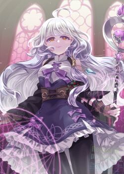 Rule 34 | 1girl, ahoge, commentary request, grey hair, indoors, long hair, mabinogi, magic circle, multicolored eyes, ojika no ledo, pantyhose, rowan (mabinogi), smile, two-tone eyes, wand