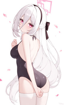 Rule 34 | 1girl, absurdres, arm behind back, ass, back, backless swimsuit, bare arms, bare shoulders, black hairband, black one-piece swimsuit, blue archive, blush, breasts, closed mouth, commentary request, from behind, hair between eyes, hairband, halo, highres, kei (blue archive), large breasts, long hair, looking at viewer, looking back, one-piece swimsuit, origami (poinia), pink eyes, pink halo, solo, swimsuit, thighhighs, thighs, very long hair, white background, white hair, white thighhighs