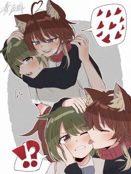 Rule 34 | !?, 2girls, ahoge, aketa mikoto, animal ear fluff, animal ears, black shirt, blush, collar, commentary, dog ears, fang, green eyes, green hair, grey background, grey sweater vest, haniwa hayate, heart, heart ahoge, highres, idolmaster, idolmaster shiny colors, kemonomimi mode, licking, licking another's face, long hair, multiple girls, nanakusa nichika, one eye closed, red collar, red hair, school uniform, shirt, short hair, spoken heart, spoken interrobang, sweat, sweater vest, two-tone background, untranslatable commentary, white background, white shirt, yuri