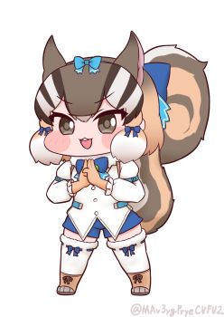 Rule 34 | 1girl, animal ears, boots, brown eyes, brown hair, chipmunk ears, chipmunk girl, chipmunk tail, extra ears, full body, gloves, highres, kemono friends, kemono friends v project, looking at viewer, mabuta (mbt), microphone, parody, ribbon, shirt, short hair, shorts, siberian chipmunk (kemono friends), simple background, solo, tail, thighhighs, trickcal, vest, virtual youtuber