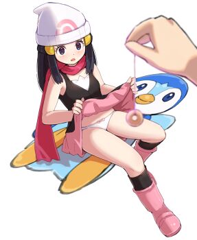 1girl 1other bare_arms beanie black_hair black_shirt black_socks boots clothes_lift commentary_request dawn_(pokemon) eyelashes gen_4_pokemon grey_eyes hair_ornament hairclip hat highres holding holding_string hypnosis kneehighs kutabireta_neko lifting_own_clothes long_hair mind_control nintendo panties pendulum pink_boots pink_scarf pink_skirt piplup poke_ball_print pokemon pokemon_dppt scarf shirt sidelocks sitting skirt skirt_lift sleeveless sleeveless_shirt socks string underwear white_headwear white_panties