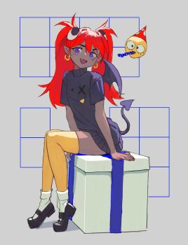 1girl :d ankle_socks arm_support arms_at_sides bat_wings birthday black_shoes blue_eyes blue_ribbon box commentary cross-eyed dark-skinned_female dark_skin demon_girl demon_tail demon_wings double-parted_bangs earrings emoji english_commentary eyebrows_hidden_by_hair fang flat_chest from_side full_body gift gift_art gift_box gold_earrings googly_eyes grey_background grin hair_ornament half-closed_eyes hat head_tilt highres hoop_earrings invisible_floor jewelry leaning_forward light_blush long_eyelashes long_hair long_shirt looking_at_viewer looking_to_the_side mary_janes narrowed_eyes no_pants on_box open_mouth original party_hat party_horn pointy_ears print_shirt purple_eyes purple_sweater purple_tail purple_wings raised_eyebrow red_hair red_nails ribbon shirt shoes short_sleeves sidelocks sitting sitting_on_box skindentation smile smiley_print socks socks_over_thighhighs solo sweater tail thick_eyelashes thighhighs tiptoes twintails v-shaped_eyebrows vertigris white_socks wide-eyed wings yellow_thighhighs zettai_ryouiki