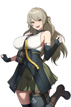 1girl absurdres armpits asymmetrical_gloves bare_shoulders black_gloves blue_thighhighs blush boots breasts brown_boots brown_hair cero_(last2stage) commentary cowboy_shot dress english_commentary fingerless_gloves fingernails girls&#039;_frontline girls&#039;_frontline_2:_exilium gloves green_eyes green_skirt hair_ribbon hand_up highleg highres lainie_(girls&#039;_frontline_2) large_breasts long_hair looking_at_viewer mismatched_gloves multiple_girls necktie open_mouth pouch ribbon shirt side-tie_peek simple_background skindentation skirt smile solo standing standing_on_one_leg star-shaped_pupils star_(symbol) symbol-shaped_pupils teeth textless_version thigh_strap thighhighs thighs tight_clothes tight_dress turtleneck turtleneck_dress ump40_(girls&#039;_frontline) upper_teeth_only white_background yellow_necktie zettai_ryouiki