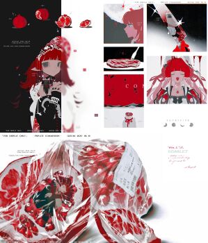 Rule 34 | 1girl, absurdres, bag, black nails, blunt bangs, brown eyes, character name, choker, closed eyes, closed mouth, collarbone, colored skin, commission, earrings, expressionless, eyelashes, fingernails, food, fork, fruit, gem, hair ornament, hairband, hat, highres, holding, holding knife, izumi 087, jewelry, knife, looking at viewer, mihuashi commission, multiple girls, nail polish, necklace, open mouth, original, own hands clasped, own hands together, pink skin, plastic bag, plate, pointy ears, pomegranate, profile, raw meat, red gem, red hair, sample watermark, sidelocks, star (symbol), upper body, watermark