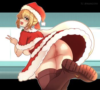 1girl absurdres anus ass bag blonde_hair boots breasts brown_boots commentary dress english_commentary fate/extra fate_(series) from_behind green_eyes hat highres holding holding_bag large_breasts letterboxed looking_at_viewer maimz_opa nero_claudius_(fate) nipples no_panties open_mouth pussy santa_cape santa_costume santa_dress santa_hat short_hair solo thigh_boots twitter_username two-tone_background uncensored v