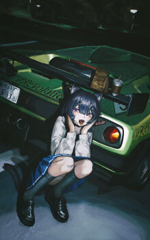 1girl absurdres animal_ear_piercing animal_ears bandaid bandaid_on_cheek bandaid_on_face black_hair black_shoes black_socks blue_skirt candy car cat_ears cat_girl cat_tail drawer_bushi_huajia fang food green_car hair_ornament hairclip hands_on_own_face highres lamborghini_diablo lollipop lollipop_in_mouth looking_at_viewer medium_hair motor_vehicle original pleated_skirt purple_eyes school_uniform serafuku shirt shoes skirt socks solo squatting sword_hair_ornament tail white_shirt