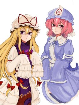 2girls 83mkneinlsqmebq absurdres blonde_hair blue_kimono closed_mouth commentary dress expressionless frills ghost_pose hair_between_eyes hair_ribbon hat highres japanese_clothes kimono long_hair long_sleeves looking_at_viewer medium_hair mob_cap multiple_girls pink_eyes pink_hair purple_eyes purple_tabard ribbon saigyouji_yuyuko sidelocks smile tabard touhou triangular_headpiece veil white_background white_dress yakumo_yukari