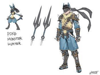 Rule 34 | 1boy, absurdres, animal, animal ears, arm guards, armor, black fur, black hair, closed mouth, fur trim, gauntlets, gen 4 pokemon, hichi, highres, lucario, mask, monster hunter (character), monster hunter (series), mouth mask, ninja, ninja mask, pokemon, pokemon (creature), sai (weapon), short hair, shoulder armor, simple background, spikes, standing, weapon