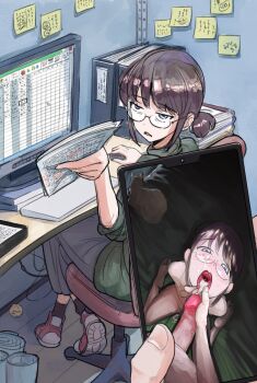 1boy 1girl after_fellatio at_computer computer computer_keyboard computer_mouse cum cum_in_mouth cum_on_eyewear desk fake_phone_screenshot fake_screenshot glasses highres kneeling monitor penis phone photo_(object) photo_comparison sitting source_request