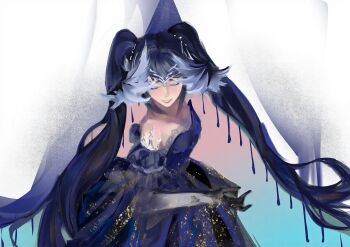 Rule 34 | 1girl, absurdres, bare shoulders, black gloves, blue background, blue dress, blue eyeshadow, blue hair, blue wings, brown lips, chinese commentary, circlet, closed eyes, collarbone, commentary request, cowboy shot, curtains, dress, element (xinjinjumin520191581045), eyelashes, eyeshadow, feathered wings, frilled sleeves, frills, gloves, gradient background, happy, head wings, highres, infinity nikki, lace, lace-trimmed dress, lace trim, light blush, lipstick, long hair, makeup, nikki (series), off-shoulder dress, off shoulder, open mouth, pink background, pleated dress, puffy short sleeves, puffy sleeves, short dress, short sleeves, smile, solo, stylist (nikki), teeth, twintails, two-tone background, very long hair, wings