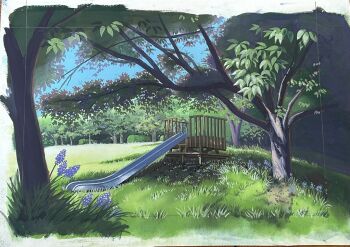 atsumori177 blue_sky bush day flower grass highres no_humans original outdoors park purple_flower scenery sky sunlight tree tree_shade