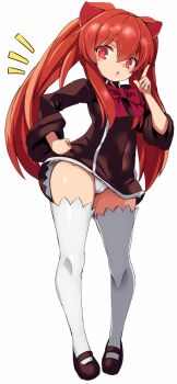 1girl aloe_(quiz_magic_academy) animal_ears black_dress black_shoes bow bowtie breasts commentary_request covered_navel dress full_body hair_between_eyes highres karukan_(monjya) long_hair long_sleeves looking_at_viewer mary_janes notice_lines open_mouth panties pantyshot quiz_magic_academy red_bow red_bowtie red_eyes red_hair shoes sidelocks simple_background small_breasts solo standing thighhighs twintails underwear white_background white_panties white_thighhighs wide_sleeves