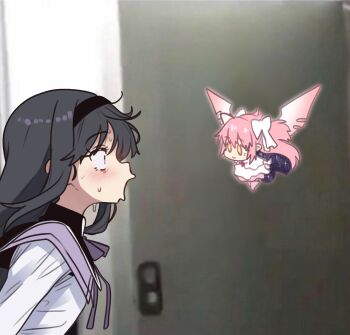 2girls absurdres akemi_homura akemi_homura_(magical_girl) black_hair black_headband blush chibi ebora hair_ribbon headband highres kaname_madoka mahou_shoujo_madoka_magica mahou_shoujo_madoka_magica_(anime) meme mini_person minigirl multiple_girls open_mouth photo_background pink_hair pogchamp_(meme) ribbon shirt sweat ultimate_madoka white_shirt wide-eyed wings