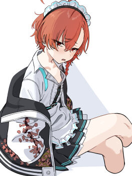 Rule 34 | 1girl, ahoge, apron, blue archive, blush, braid, breasts, commentary request, crossed legs, fang, from side, highres, jacket, jacket partially removed, looking at viewer, maid apron, maid headdress, neru (blue archive), nipples, open clothes, open jacket, orange hair, parted lips, pleated skirt, red eyes, short hair, single braid, sitting, skirt, small breasts, solo, yamada seimei