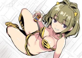 Rule 34 | 1girl, airport96, animal print, bikini, blush, breasts, brown hair, cleavage, commentary request, cone horns, cosplay, from above, fur bikini, highres, holding, horns, large breasts, looking at viewer, lum, lum (cosplay), medium hair, navel, oni costume, original, print bikini, print boots, purple eyes, simple background, small horns, smile, solo, strapless, strapless bikini, swimsuit, tiger panties, tiger print, urusei yatsura, white background, yellow bikini, yellow horns