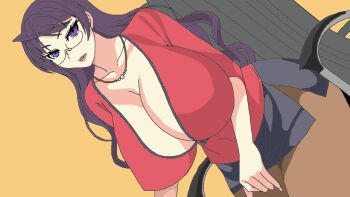 1girl alekusu-senpai bakunyuu_inran_katei_kyoushi breasts cleavage collarbone curly_hair erectlip eyelashes glasses grin huge_breasts jewelry lips long_hair looking_at_viewer matching_hair/eyes mature_female miniskirt navel necklace pantyhose purple_eyes purple_hair red_shirt seat shirt sitting skirt smile solo takahashi_record third-party_edit yellow_background