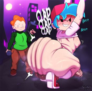 2boys absurdres ass ass_clapping blush bottomless boyfriend_(friday_night_funkin&#039;) bulge clapping clothes embarrassed erection erection_under_clothes friday_night_funkin&#039; highres huge_ass huge_penis jackov multiple_boys o_o partially_undressed penis pico_(friday_night_funkin&#039;) short_hair surprised sweat yaoi