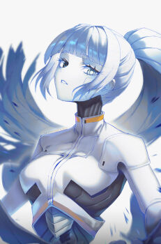 1girl albina_(project_moon) android breasts cable_hair commentary eyelashes floating_hair heterochromia high_ponytail highres limbus_company long_hair looking_at_viewer medium_breasts parted_lips ponytail project_moon rpg_(ram) simple_background solo upper_body white_background white_eyes white_hair