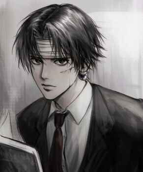 Rule 34 | 1boy, absurdres, bandaged head, bandages, bin (binonep), book, buttons, chrollo lucilfer, closed mouth, collared shirt, commentary request, curtained hair, earrings, grey background, greyscale, highres, holding, holding book, hunter x hunter, jacket, jewelry, korean commentary, looking at viewer, male focus, monochrome, necktie, open book, shirt, short hair, solo, suit jacket