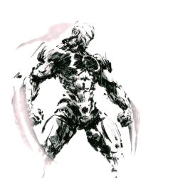 Rule 34 | alzandahh, arm blade, clenched hands, energy blade, fulgore, greyscale, highres, humanoid robot, killer instinct, killer instinct (series), knees out of frame, looking to the side, monochrome, no humans, robot, simple background, standing, weapon, white background