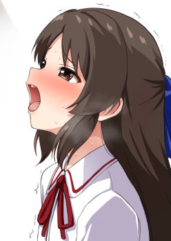 1girl blue_bow blush bow brown_eyes brown_hair collared_shirt comiching commentary_request hair_bow highres idolmaster idolmaster_cinderella_girls long_hair long_sidelocks motion_lines neck_ribbon nose_blush open_mouth oral_invitation raised_inner_eyebrows red_ribbon ribbon school_uniform sexually_suggestive shirt sidelocks simple_background solo steam steaming_body sweat tachibana_arisu tongue trembling upper_body white_background white_shirt wing_collar